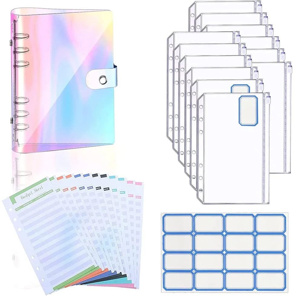 

A6 Notebook Binder Cover DIY Loose Leaf Book Cover with 12 Binder Pockets 12 Pieces Expense Budget Sheets and 16 Label Stickers