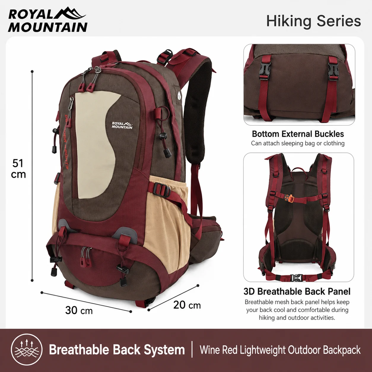 Фото Рюкзак для походов Royal Mountain 35 л из нейлона с множеством карманов, нагрудным ремнем и поясным ремнем для кемпинга и путешествий, для мужчин и женщин №5