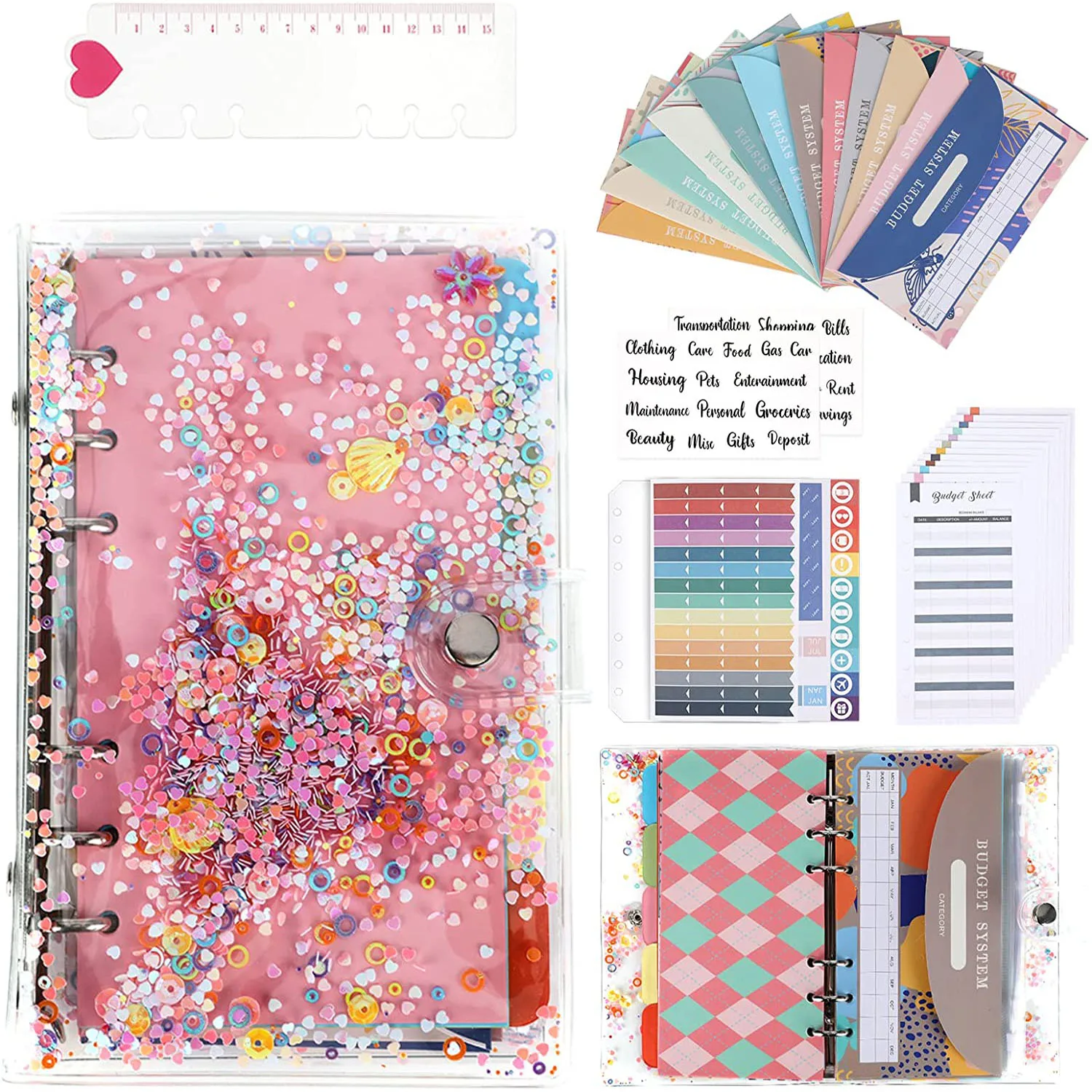 

A6 Binder Budget PVC Notebook Cover,Cash Envelopes System Planner Organizer Set, with Binder Pockets, Budget Sheets and Labels