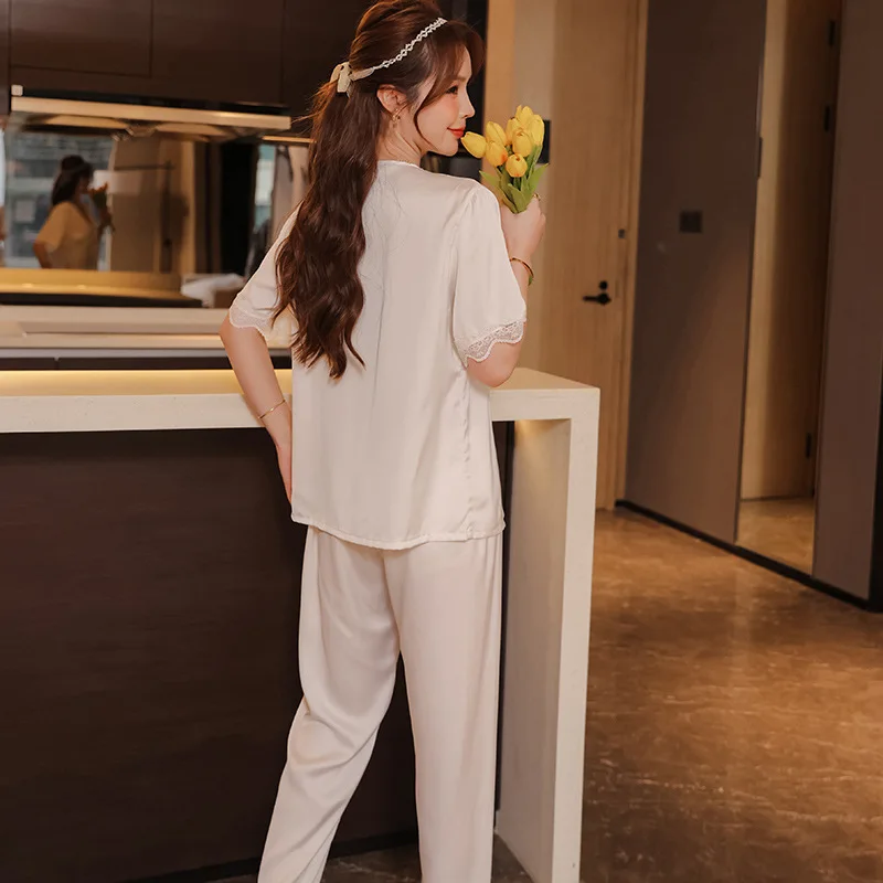 2023 New Summer Pajamas for Women's Plus Size Sexy Pure Desire Style Short-sleeved Trousers Home Service Suit Casual Sleepwear