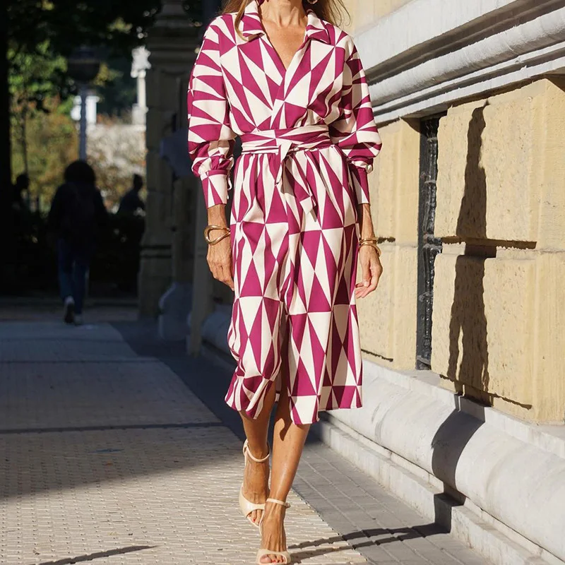 

Fashion Geometric Lapel Shirt Long Dress Office 2023 Spring Long Sleeve Belt Loose Commuter Dress Elegant Autumn Women Dress