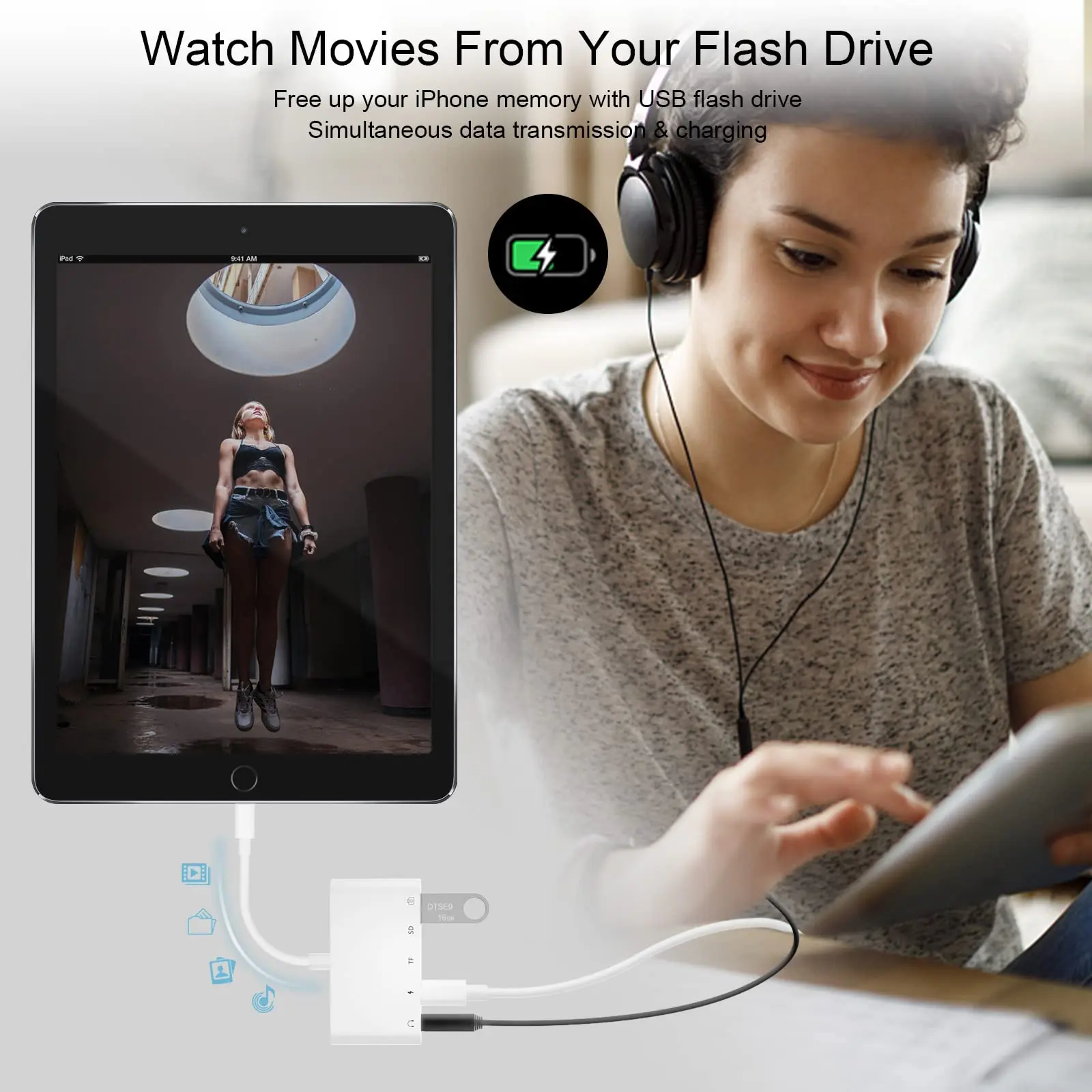 Lightning iPhone to USB3 OTG Camera Adapter/Cable Cord with Charging Lightning iPad to SD/TF Card Reader Support 3.5mm Aux Audio