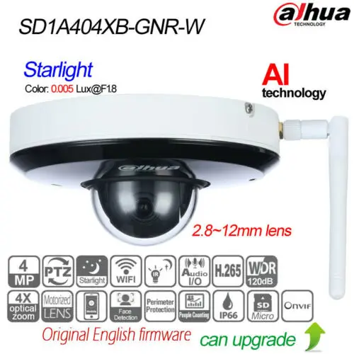 

Dahua 4MP 4X Starlight IR PTZ AI Network IP WIFI Camera IP66 P2P SD1A404XB-GNR-