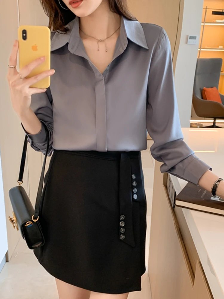 

Satin Shirts for Women Chiffon Shirts Simulated Silk Blouse Women Autumn Fashion OL Womens Tops Basic Solid Office Lady Clothing