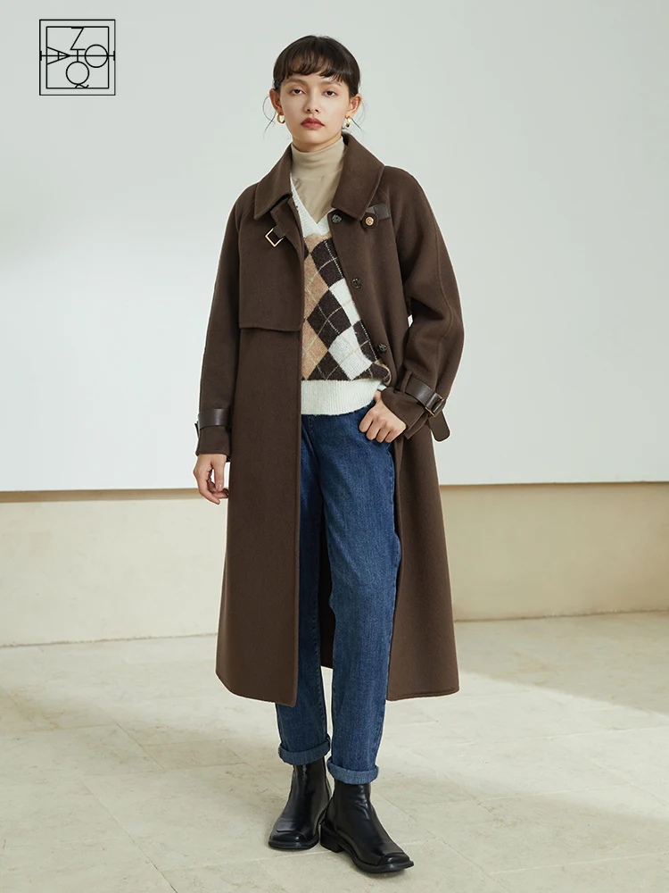 

ZIQIAO Women Temperament Brown Retro Double-sided Wool Velvet Coats Patchwork Design Single-breasted Cashmere Jackets Mid-length