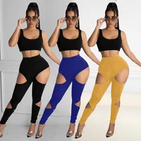 zh8510 european and american womens fashion solid color summer sports mid waist hole casual pants skinny pants women