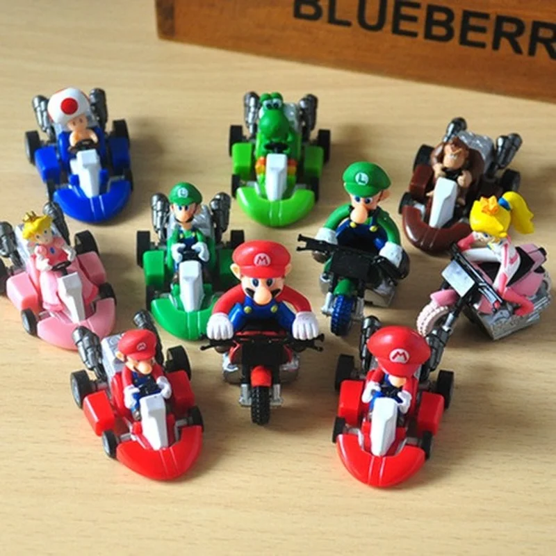 

10pcs Super Mario Bros Anime Figures Mario Luigi Yoshi Peach Bowser Donkey Kong Cartoon Racing Pull Back Cars Toys Kids Gifts