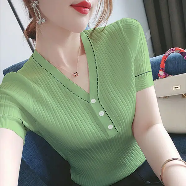 

Зеленая летняя тонкая женская футболка с вентиляцией для офиса, вязаная футболка с коротким рукавом и V-образным вырезом, топы из вискозы на ...