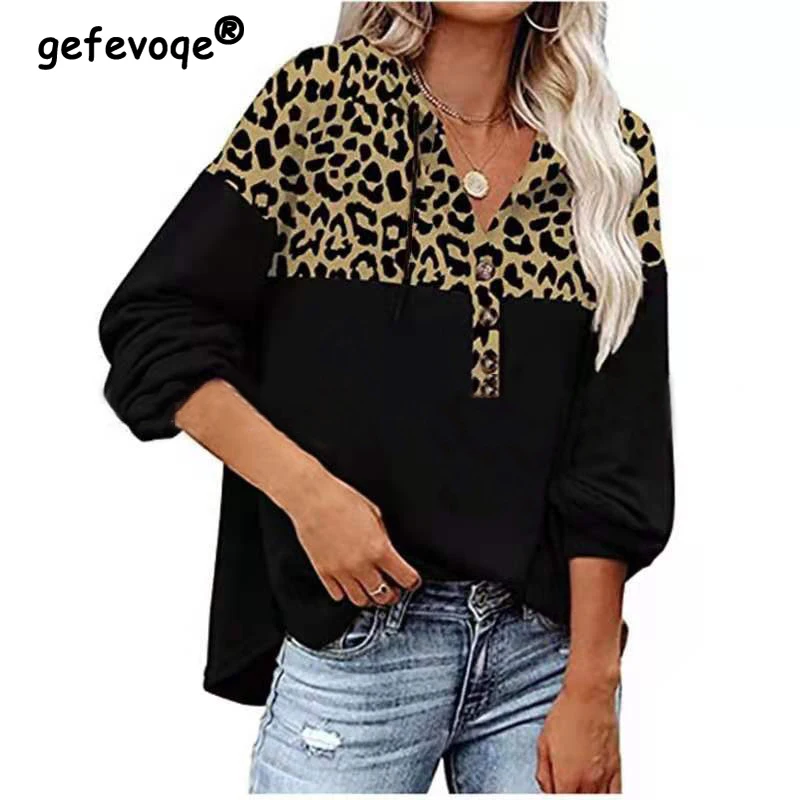 

Autumn New Leopard Patchwork Vintage Tops Women Loose Casual Streetwear Fashion Long Sleeved Hoodies Chic Office Lady Sweatshirt