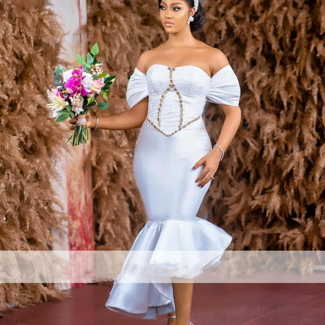 

Lace And Satin Prom Dress Ankle Length Asymmetrical Bottom Off The Shoulder Crystals Beads vestidos de fiesta