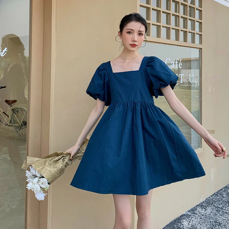 

Summer Women Blue Square Neck Puff Sleeve Short Dress Damen Kleider High Waist Mini A-line Dresses Elegant Vestido Mujer Verano