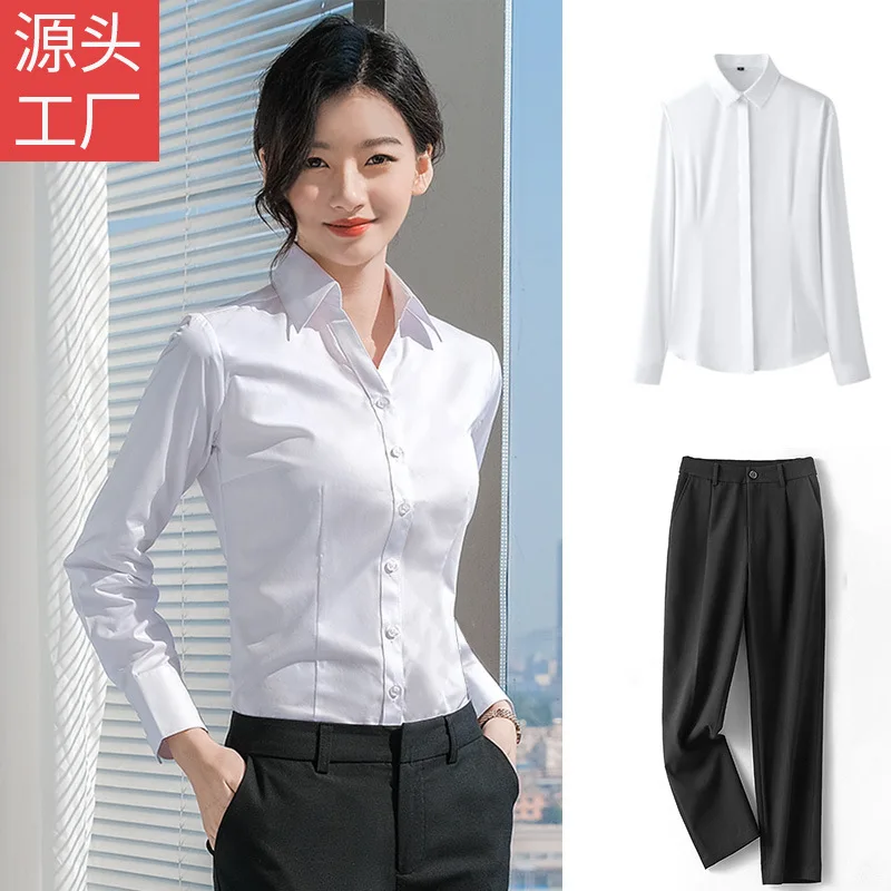 

Business Shirt Women's Solid Color plus Size Top Spring and Autumn Non-Ironing Draping Work Clothes Shirt Casual Long Sleeve Bus