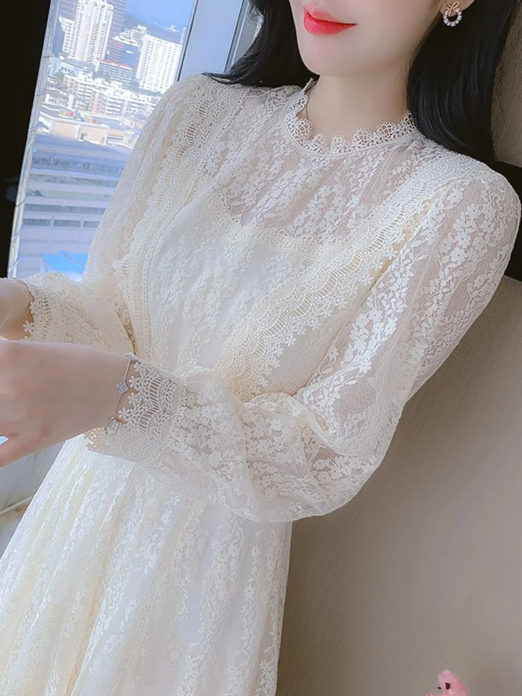 

2022 New Autumn and Winter White Lace Maxi Dress for Women's Round Neck Long Sleeve Inside Outer Wear Bottoming Dress Vestidos