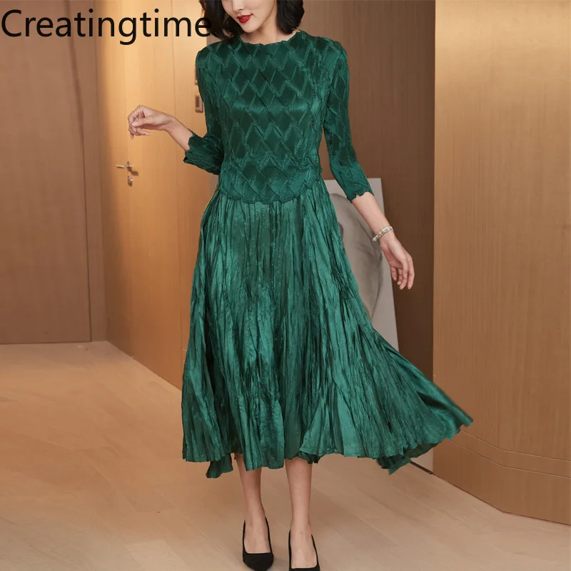

Creatingtime 2022 Spring Summer New Fashion Trend Women's Solid Color Round Neck Pleated High-end Slim Irregular Dress GA774