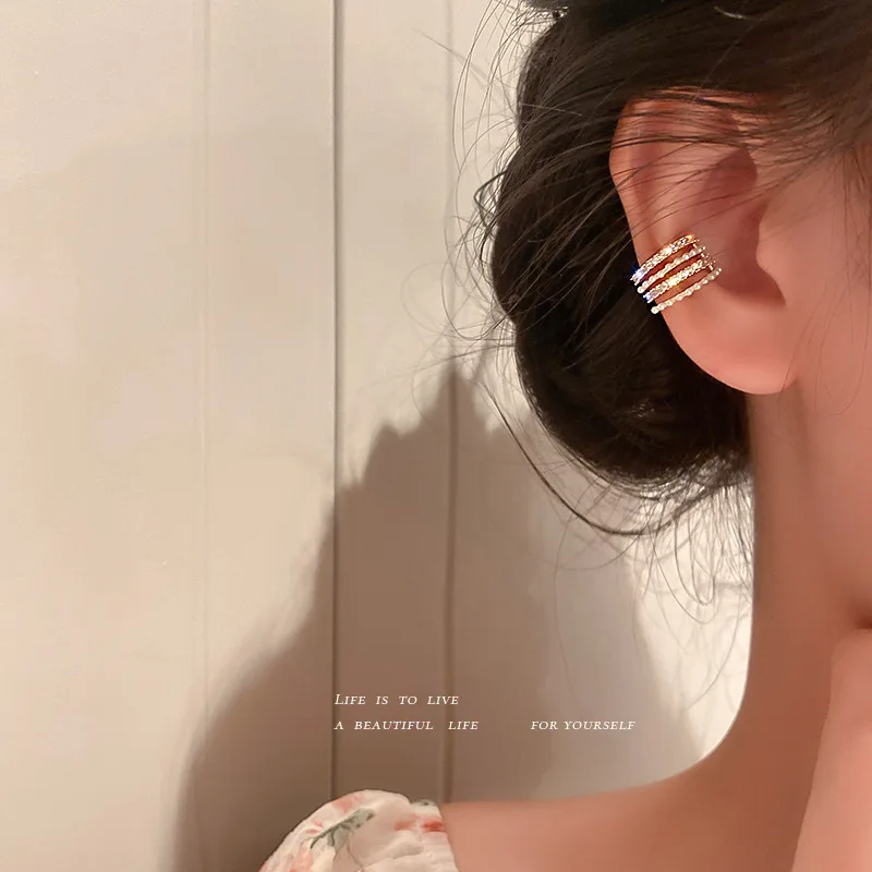 

Korean Fashion Diamond Inlaid Pearl Single Ear Clip Without Hole Multi-layer Bone Personalized Vintage