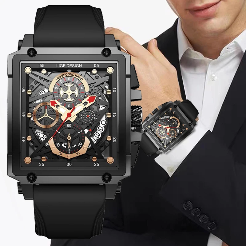 

LIGE Casual Sport Watches for Men Top Brand Luxury Military Silicone Wrist Watch Man Clock Rectangle Chronograph Wristwatch