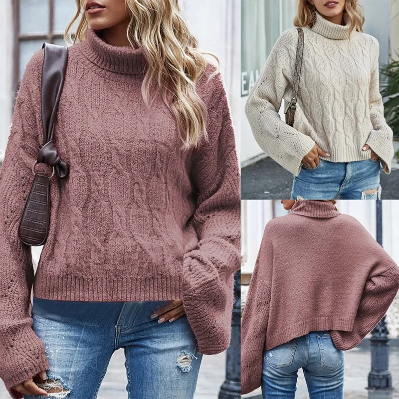 

Casual Women's Sweater Long Flare Sleeve O Neck Pullovers Autumn Winter Clothes Loose Knitwear