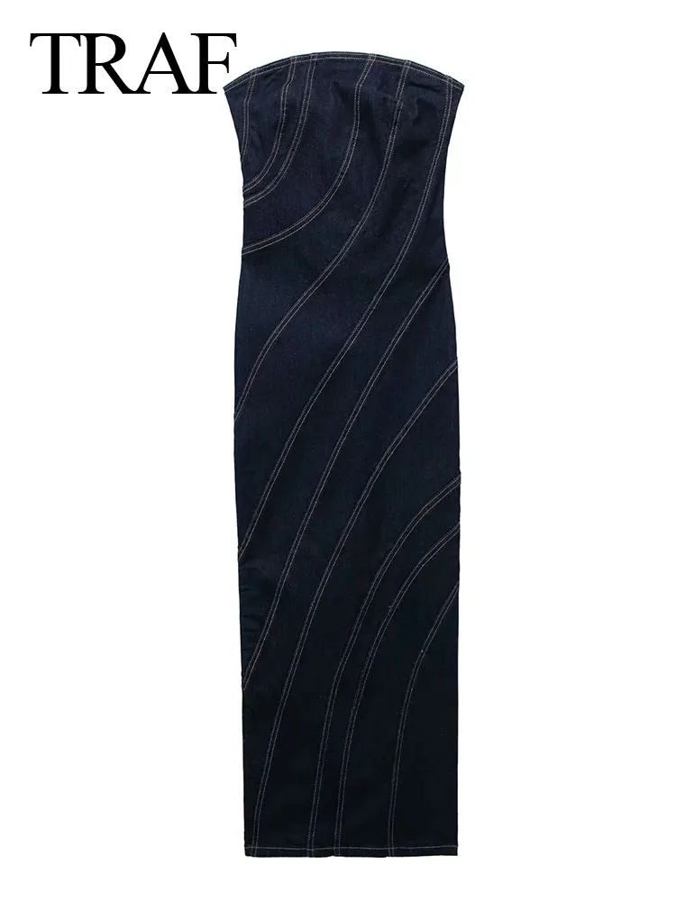 

TRAF Strapless Split Backless Denim Dress For Women Slim Sleeveless Ankle-Length Female Solid Sexy Vintage Mujer Vestidos