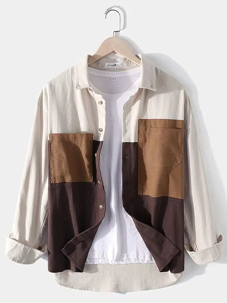 CharmkpR Tops 2023 Men's Cotton Colorblock Patchwork Loose Blouse Casual Streetwear Male Chest Pockets Long Sleeve Shirts  S-2XL