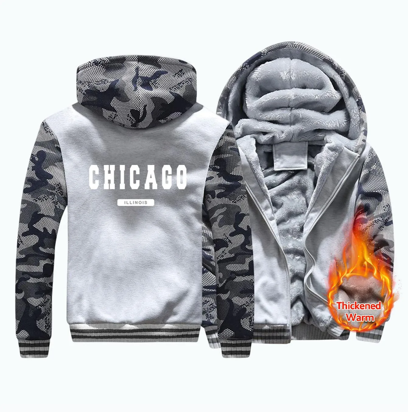 Chicago Illinois Letter Print Hoodie Man Thickened Zipper Casual Big Size Hooded Warm fur-liner Simple M-XXXXXL Tops