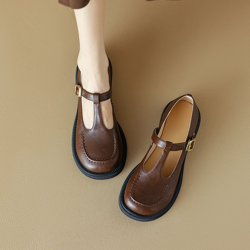 

2023 new spring women pumps natural leather 22-24.5cm length cowhide+sheepskin round toe T-shaped buckle Mary Jane shoes