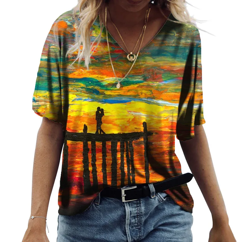 

Landscape Oil Painting Gradient Pritned T-Shirt Women Casual Loose Pullover Fashion Lady Streetwear V-Neck Short Sleeve T-Shirt