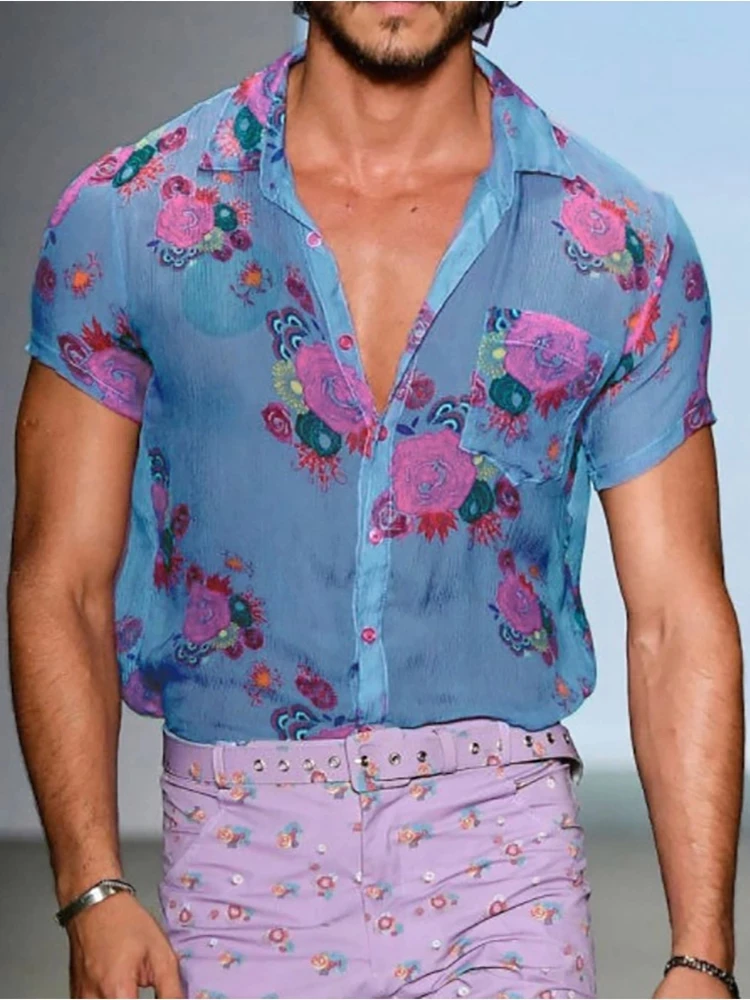 

2022 Summer Short Sleeve Sexy See Through Shirt Vintage Floral Printed Shirts Lapel Buttoned Tops Mens Streetwear Clothing