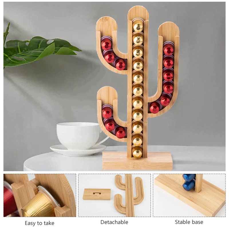1 PCS Bamboo Rotating Capsule Coffee Storage Rack Display Stand Cactus Cup Type Dispenser
