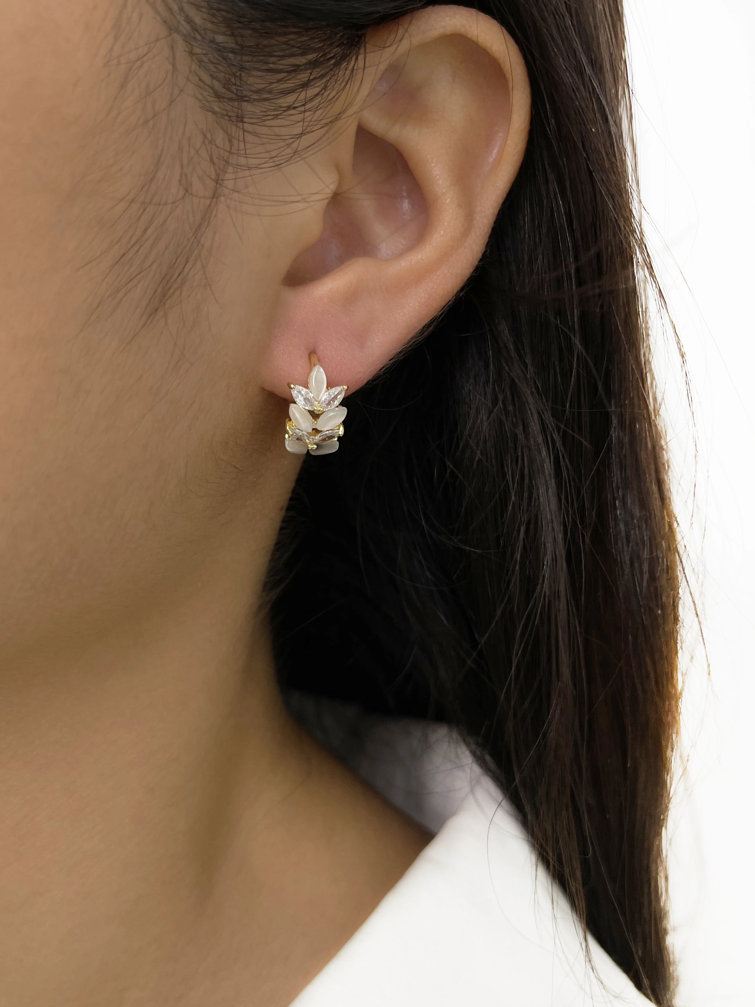 Серьги-кольца женские с фианитами и кошачий глаз