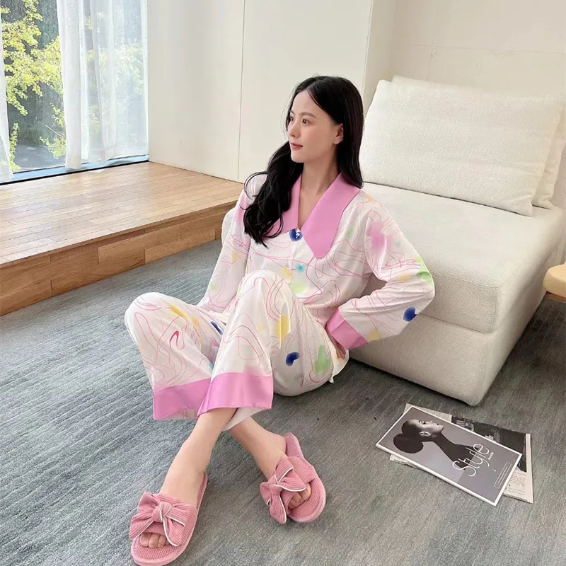 2023 Autumn Cardigan Pajamas Long-Sleeved Trousers Colorful Bear Can Outerwear Homewear Suit Lapel Fashion Ice Silk