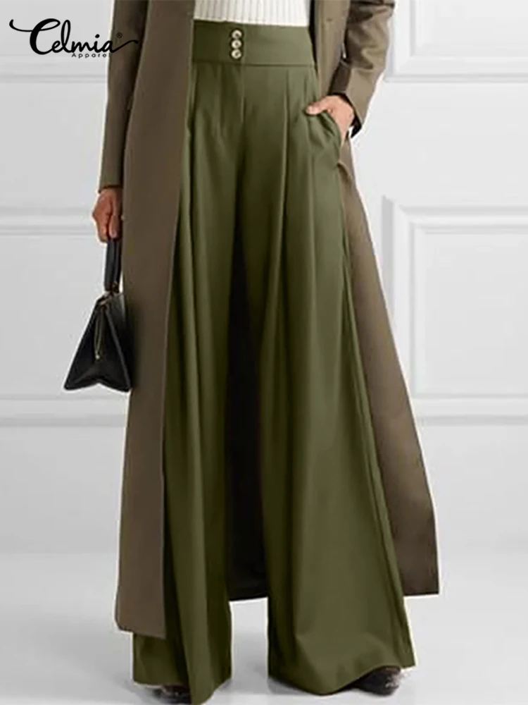 

Celmia Fashion Women Wide Leg High Waist Pants Casual Loose 2022 Solid Color Pleated Trousers Office Lady All-match Pocket Slack
