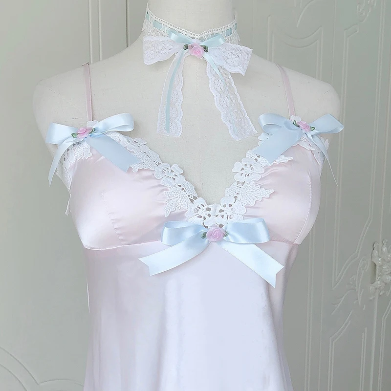 

Pink Nightdresses Women Homewear Sweet Sleepwear Ribbon Bow Suspender Strap Sleepshirts Nightgowns Ladies Lingerie Sleepdress