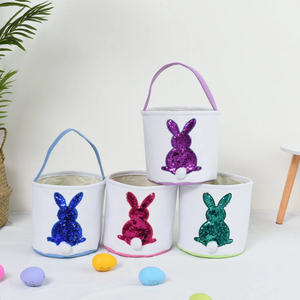 10pcs Wholesale Canvas Cotton Easter Bucket Children Rabbit Fluffy Tails Easter Egg Basket Kids Bunny Tote Bags Candy Party