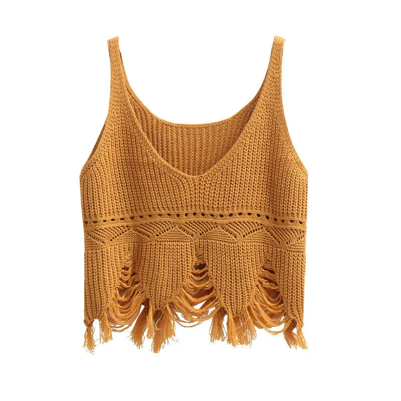 

New In 2023 Spring Summer Knitwear Women Fashion Tassel Cut Out Knit Top Sleeveless Camisole V Neck Cami Sweater Vest