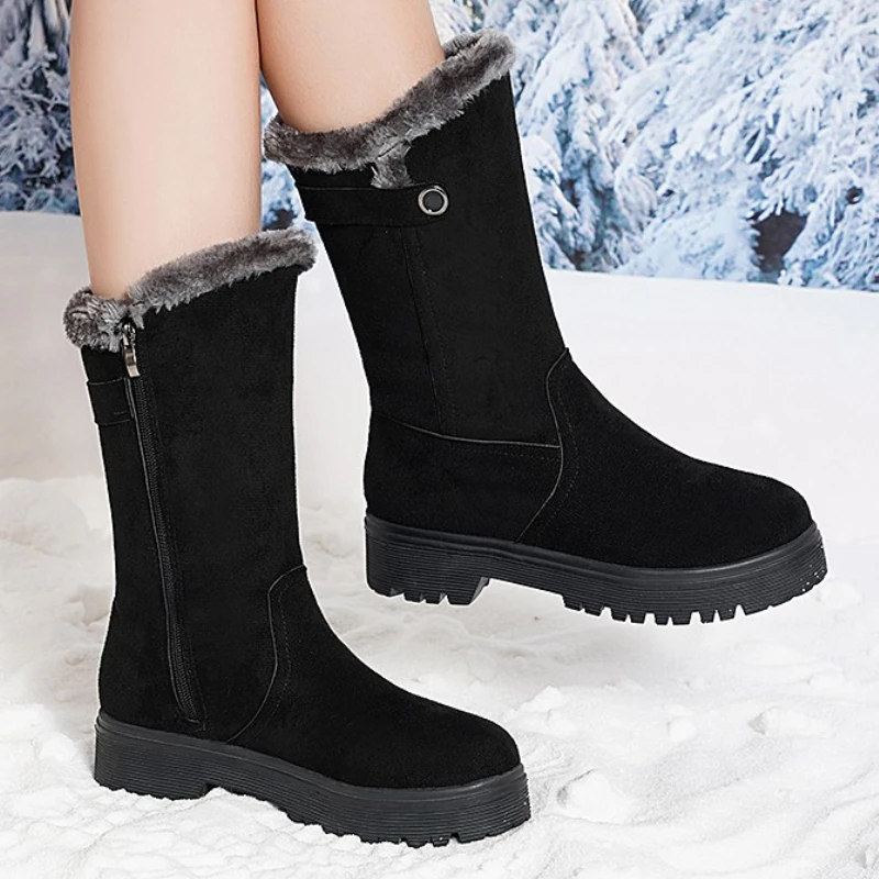 Warm Thick Plush Mid-boots Women's Winter High Heels Thick-soled Snow Boots Women's Large Size Flocking Zipper Boots