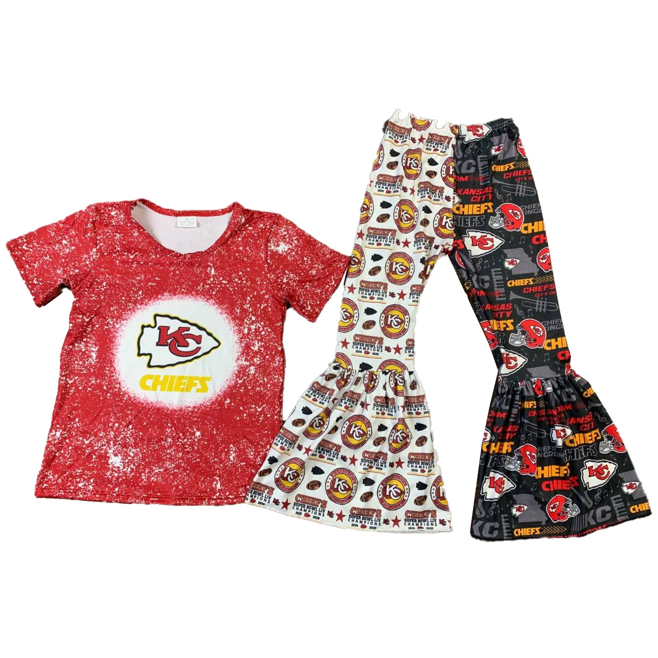 

High quality baby girls clothes school team short sleeve print bell bottoms sets kids clothing wholesale