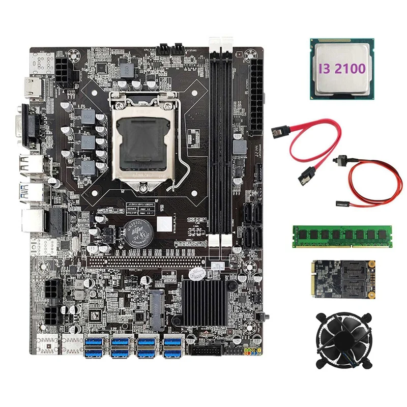 B75 BTC Mining Motherboard 8XPCIE To USB3.0+I3 2100 CPU+Fan+DDR3 4GB 1600Mhz RAM+128G SSD+SATA Cable+Switch Cable