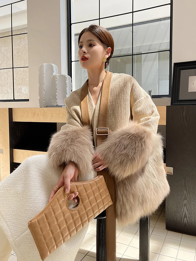 New Women Real Fur Coat Autumn Winter Vintage Elegant V-Neck Fox Fur Wool Blended Patchwork Sheepskin Fur Jacket Loose Outerwear