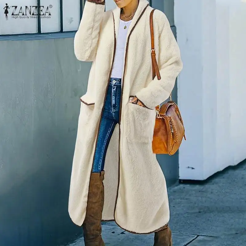 

2022 Fashion Solid Fleece Coat Women Patchwork Baggy Cardigan ZANZEA Casual Long Sleeve Outwear Lady Plush Oversize Long Jackets