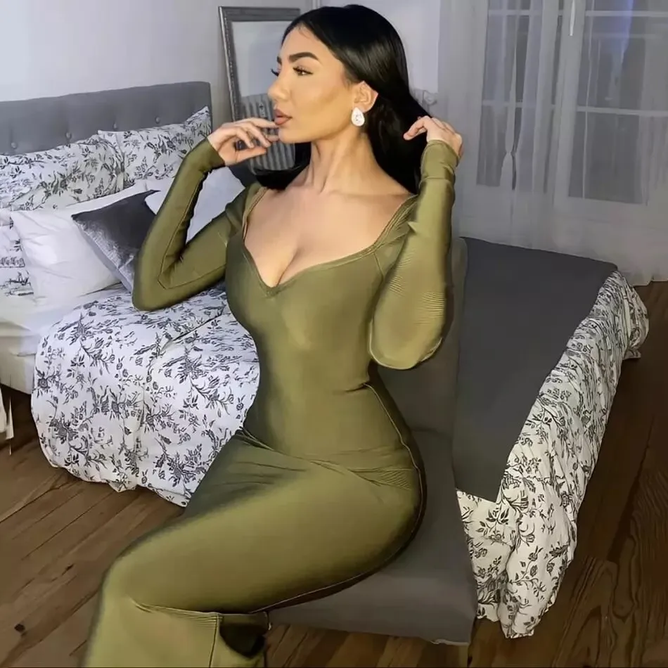

High Quality Army Green Long Sleeve Bodycon Rayon Bandage Dress Elegant Cocktail Party Dress Vestidos