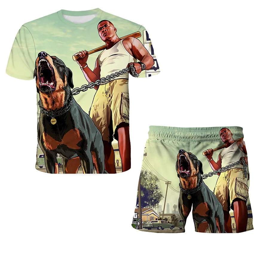 

Summer Set Children's Gta5 3d Printed Children's Clothes Boys Casual Short Sleeve Shorts 2 Piece Set 3-14 Years Old 2022