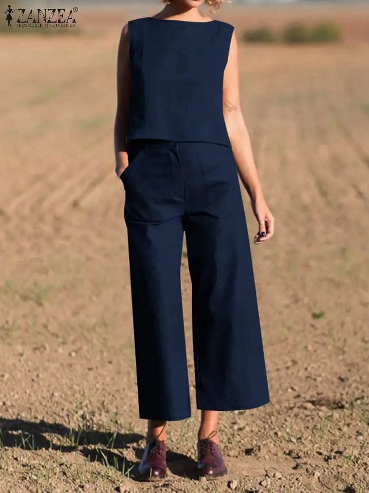 

2022 ZANZEA Women Summer Holiday Matching Sets Sleeveless O-Neck Solid Tank Tops Blouse And Wide Leg Pant Casual Work Suit 2pcs