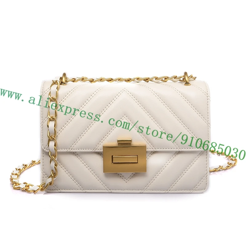 

Top Grade Genuine White Soft Lambskin Leather Lady Shoulder Bag Women Hasp Flap Handbag V Stripes