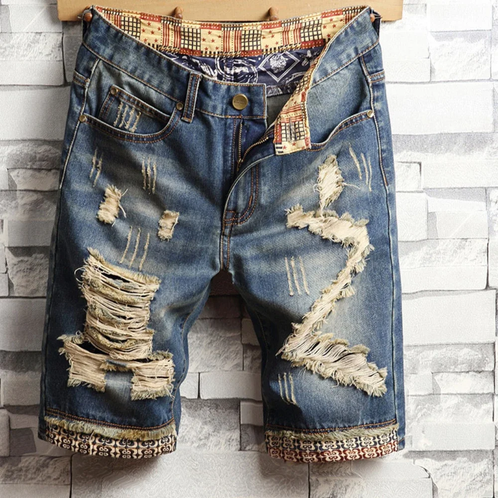 Hole Vintage Men Jeans Shorts Denim Distressed Knee Length Pockets Spliced Cuffs Skinny Washed Punk Style Ripped Mid Waist 2025