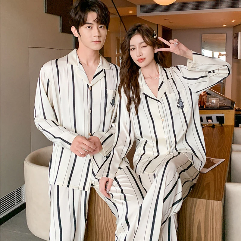 Spring Autumn Women Fashion Pajamas Faux Silk Striped Print Home Clothes Sets