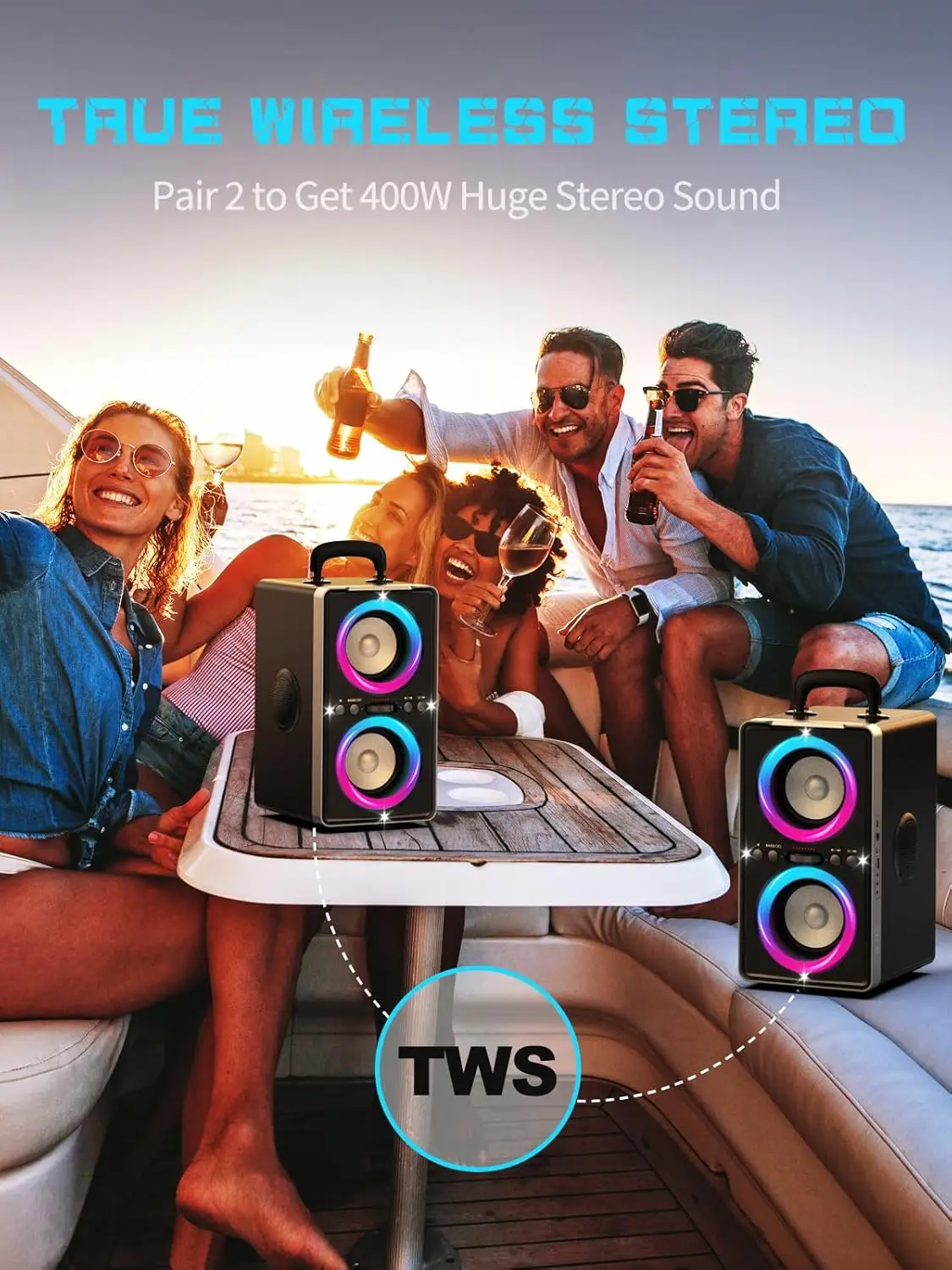 Фото Беспроводная колонка 200W с пиковой мощностью, стереозвуком, глубокими басами, временем воспроизведения до 20 часов, быстрой зарядкой TWS, портативная, с ручкой для переноски, RGB-подсветкой. №5