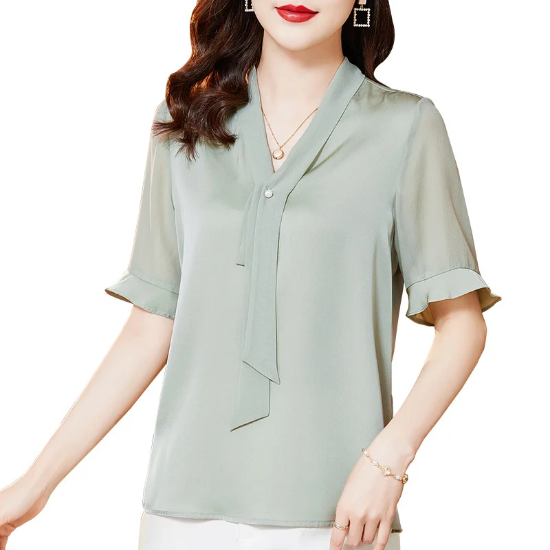 Premium silk blouse women's summer short sleeve mulberry silk blouse European solid silk blouse K82