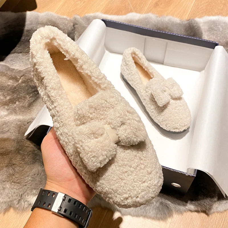 Bow Knot Wool Shoes Women's Winter New Faux Lamb Edamame Beanie Shoes Thick Bottom Plus Velvet Cotton Shoes Women's Shoes