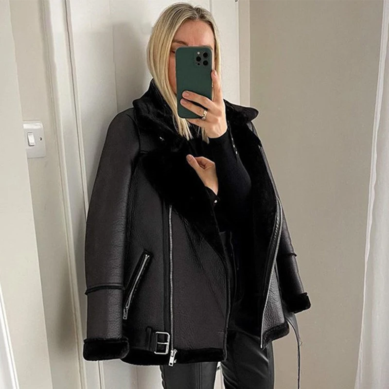 Casual Faux Fur Splicing Black Leather Jacket Thick Warm Winter Office Ladies Coat Women Streetwear Motorcycle New In Outwears