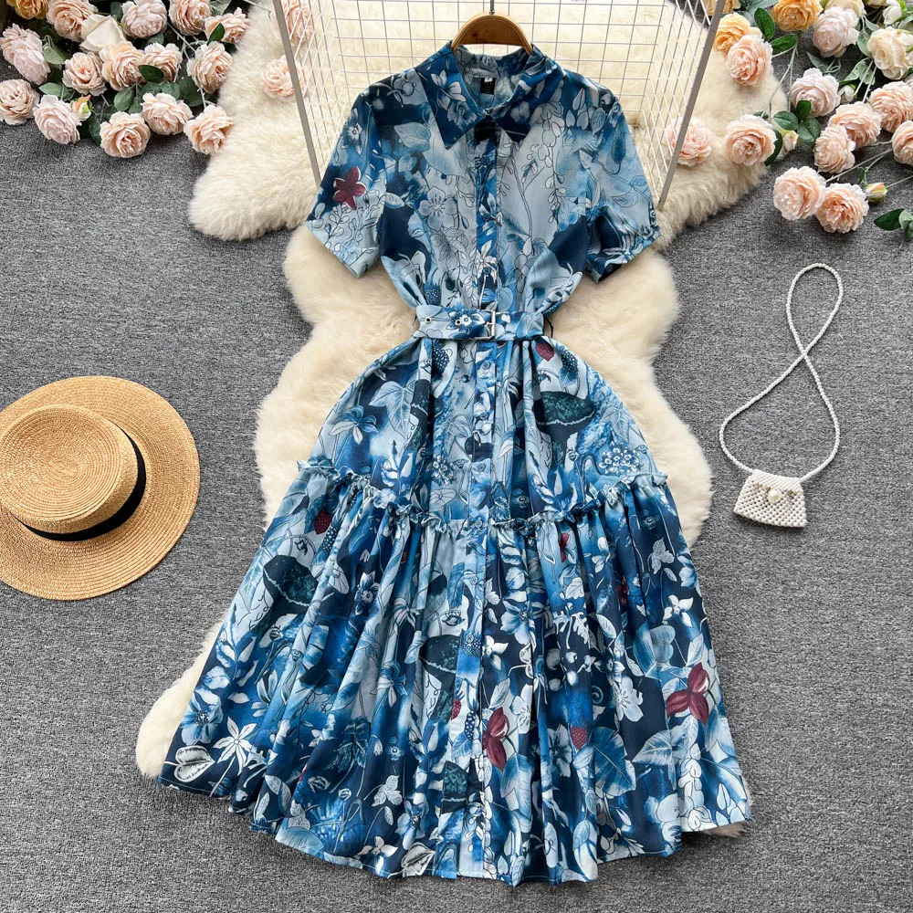 

Women Shirt Dress Runway Fashion Summer Flower Print Ruffles Single-breasted Elegant Office Lady Midi Party Vestidos N8120